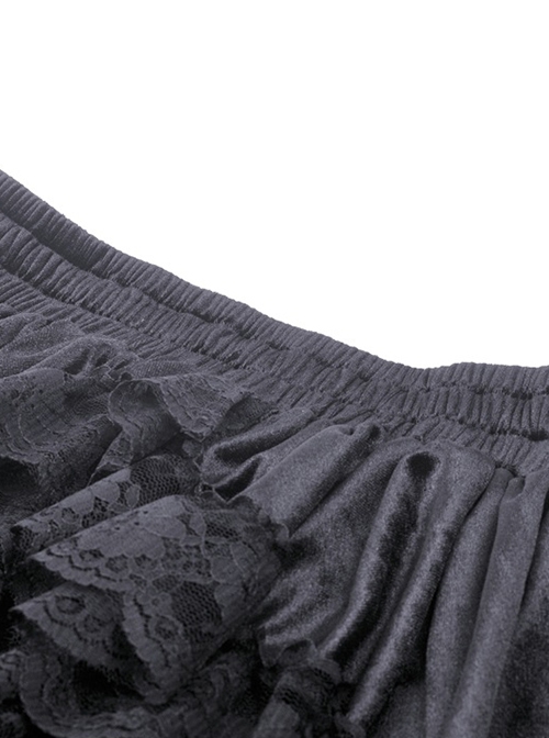 Gothic Style Luxury Velvet Exquisite Layered Mesh Lace Ruffle Elastic Waist Elegant Black Princess Skirt