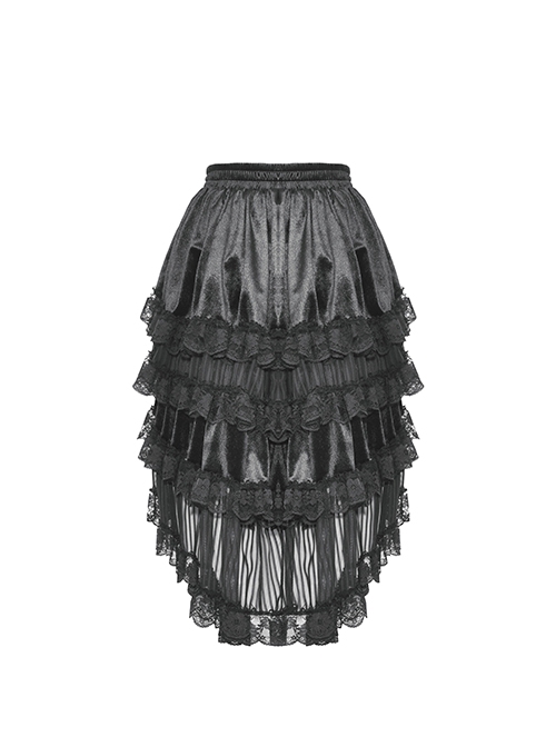 Gothic Style Luxury Velvet Exquisite Layered Mesh Lace Ruffle Elastic Waist Elegant Black Princess Skirt