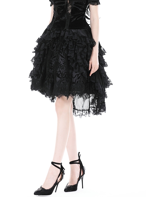 Gothic Style Exquisite Velvet Printed Mesh Layered Lace Elegant Retro Black Fluffy Palace Skirt