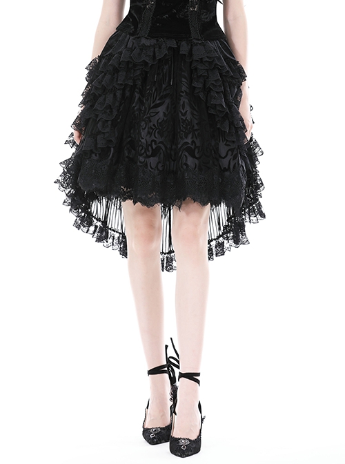 Gothic Style Exquisite Velvet Printed Mesh Layered Lace Elegant Retro Black Fluffy Palace Skirt