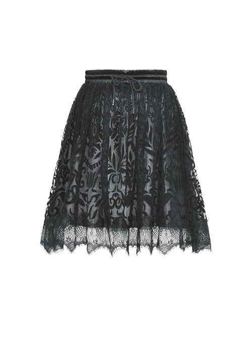 Gothic Style Exquisite Velvet Printed Mesh Layered Lace Elegant Retro Black Fluffy Palace Skirt