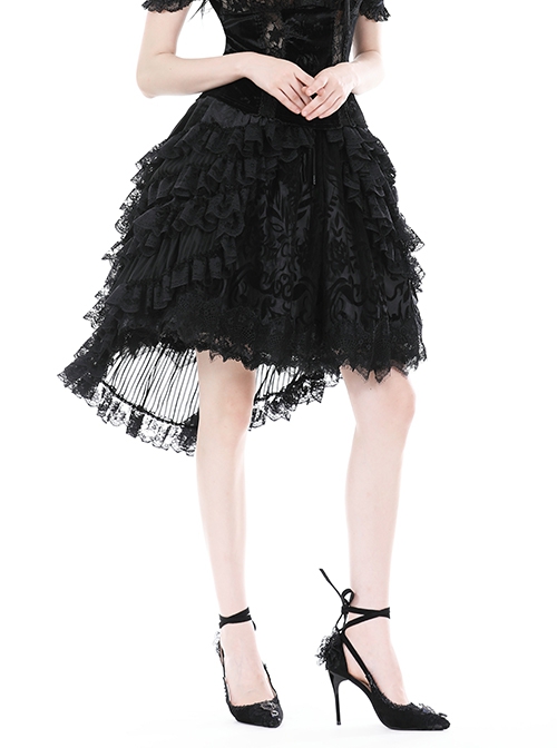 Gothic Style Exquisite Velvet Printed Mesh Layered Lace Elegant Retro Black Fluffy Palace Skirt