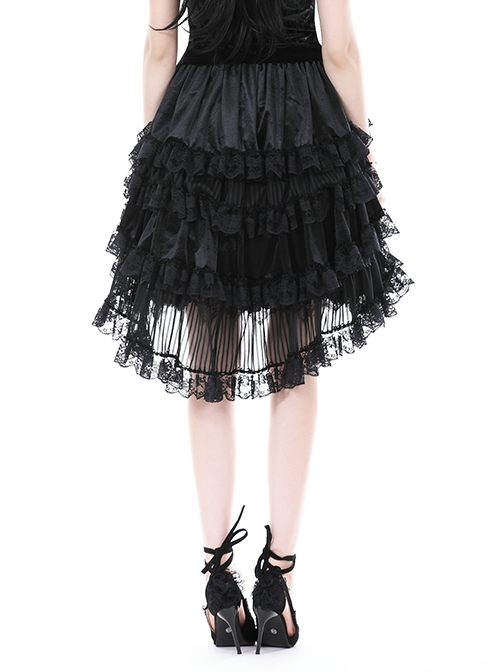 Gothic Style Exquisite Velvet Printed Mesh Layered Lace Elegant Retro Black Fluffy Palace Skirt