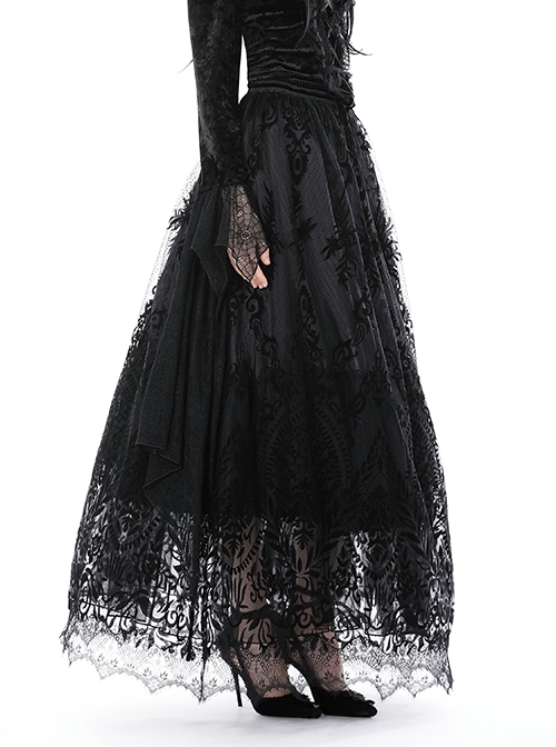 Gothic Style Exquisite Ornate Velvet Pattern Mesh Elegant Lace Hem Elastic Waist Black Long Skirt