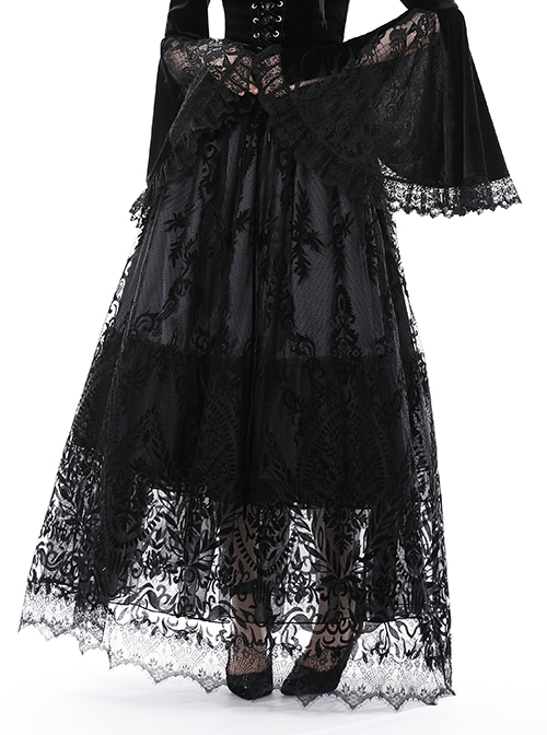 Gothic Style Exquisite Ornate Velvet Pattern Mesh Elegant Lace Hem Elastic Waist Black Long Skirt