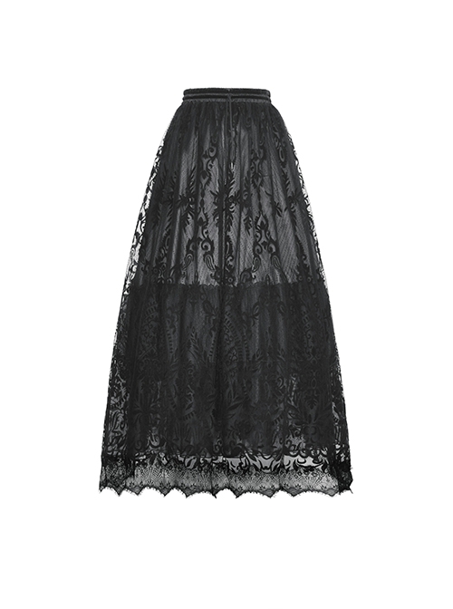 Gothic Style Exquisite Ornate Velvet Pattern Mesh Elegant Lace Hem Elastic Waist Black Long Skirt
