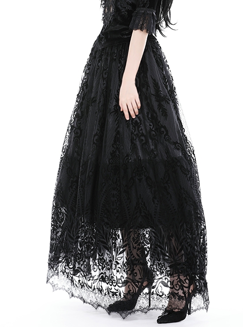 Gothic Style Exquisite Ornate Velvet Pattern Mesh Elegant Lace Hem Elastic Waist Black Long Skirt