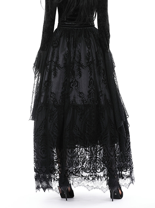 Gothic Style Exquisite Ornate Velvet Pattern Mesh Elegant Lace Hem Elastic Waist Black Long Skirt
