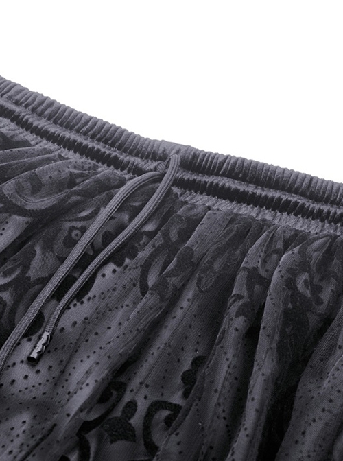 Gothic Style Exquisite Ornate Velvet Pattern Mesh Elegant Lace Hem Elastic Waist Black Long Skirt