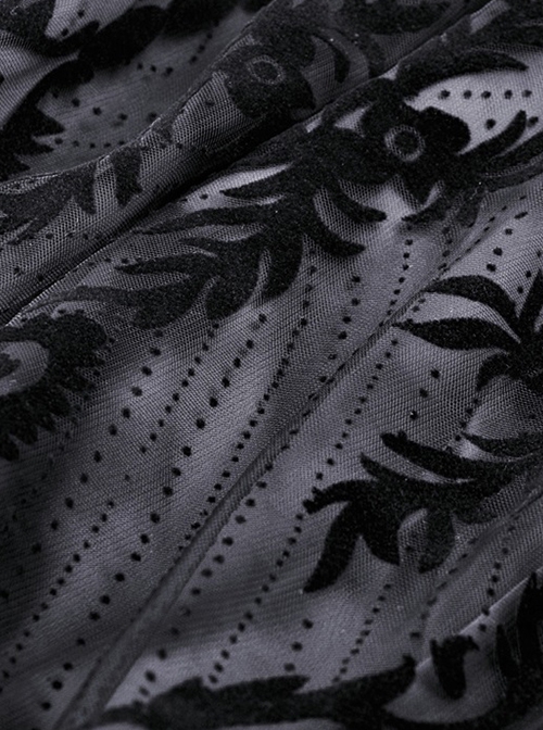 Gothic Style Exquisite Ornate Velvet Pattern Mesh Elegant Lace Hem Elastic Waist Black Long Skirt