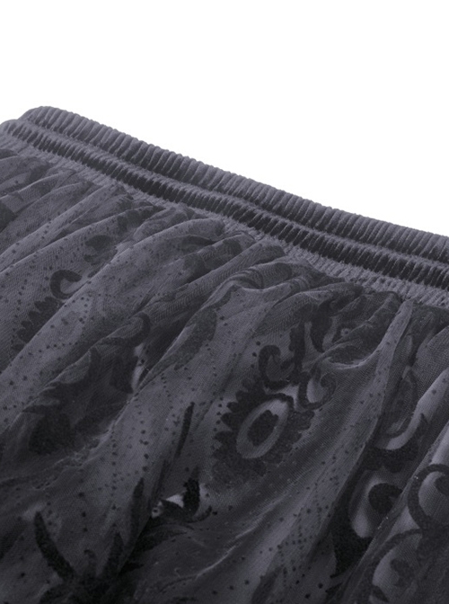 Gothic Style Exquisite Ornate Velvet Pattern Mesh Elegant Lace Hem Elastic Waist Black Long Skirt