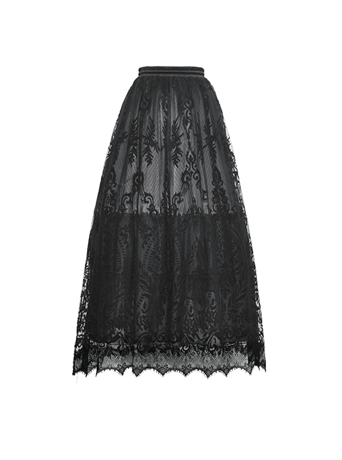 Gothic Style Exquisite Ornate Velvet Pattern Mesh Elegant Lace Hem Elastic Waist Black Long Skirt