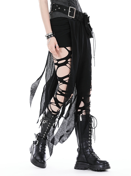 Punk Style Unique Woven Mesh Pleated Design Decadent Irregular Flowing Hem Black Slim Skirt