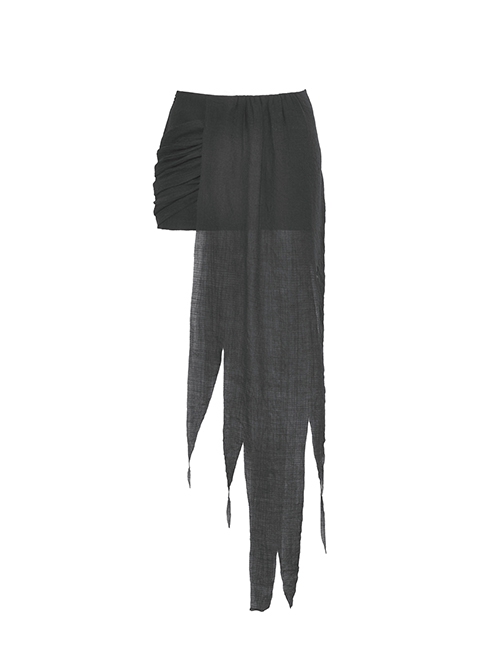 Punk Style Unique Woven Mesh Pleated Design Decadent Irregular Flowing Hem Black Slim Skirt