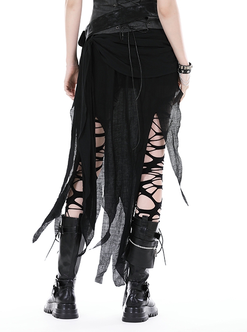 Punk Style Unique Woven Mesh Pleated Design Decadent Irregular Flowing Hem Black Slim Skirt