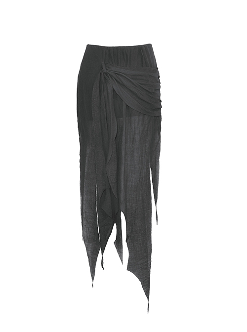 Punk Style Unique Woven Mesh Pleated Design Decadent Irregular Flowing Hem Black Slim Skirt
