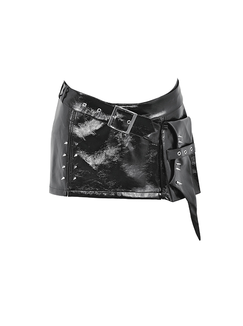 Punk Style Shiny PU Leather Cool Rebel Spiked Fake Belt Waist Bag Design Black Sexy Mini Skirtt