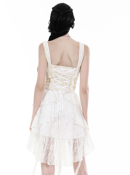 Gothic Style Exquisite Layered Lace Irregular Hem Short Tail Design Elegant Pure White Cake Skirt