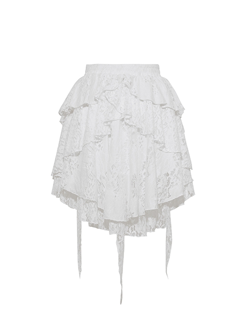 Gothic Style Exquisite Layered Lace Irregular Hem Short Tail Design Elegant Pure White Cake Skirt