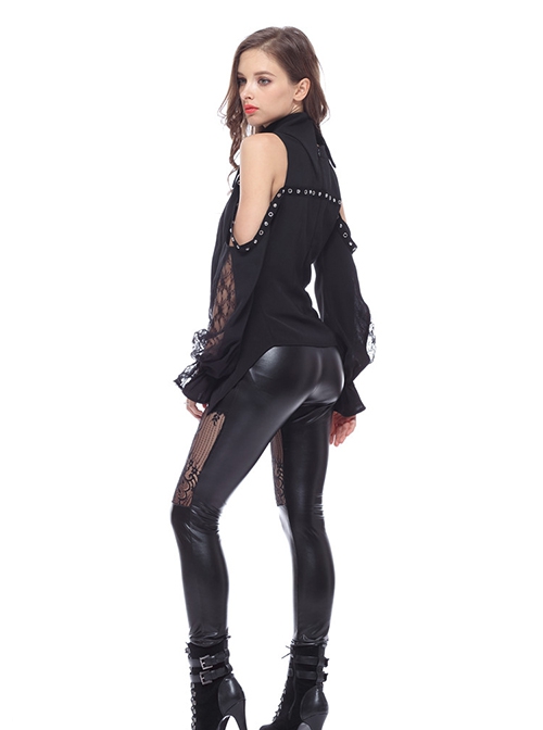 Gothic Style Exquisite Lace Leather Stitching Sexy Flower Hollows Black Tight Leggings Pants