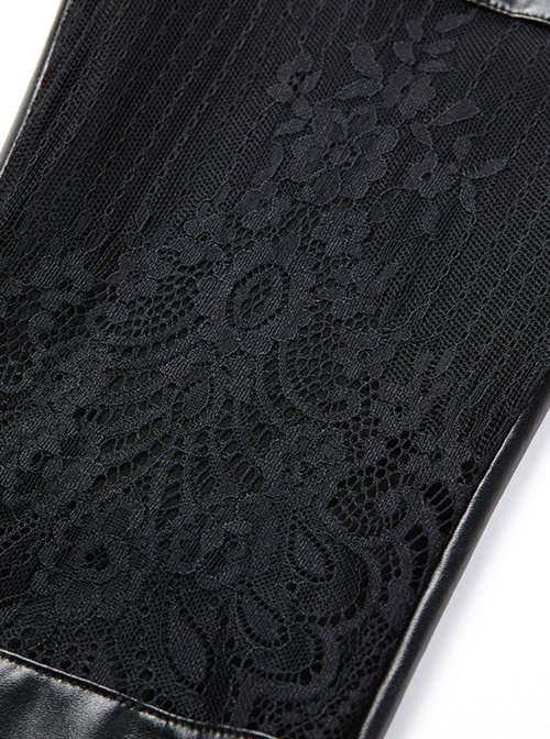 Gothic Style Exquisite Lace Leather Stitching Sexy Flower Hollows Black Tight Leggings Pants