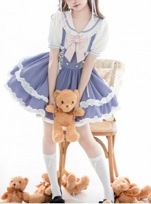 Summer Sea Salt Series College Navy Collar Ruffle Puff Sleeve Blue White Bunny Ears Ribbon Bowknot School Lolita Dress