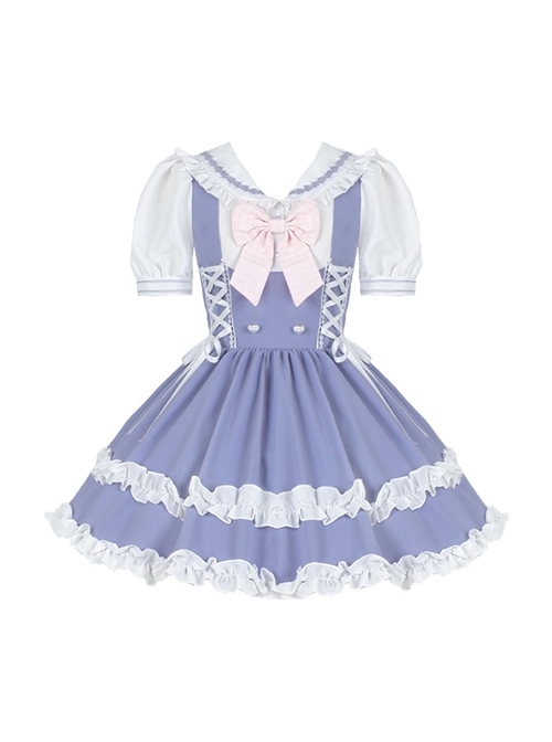 Summer Sea Salt Series College Navy Collar Ruffle Puff Sleeve Blue White Bunny Ears Ribbon Bowknot School Lolita Dress