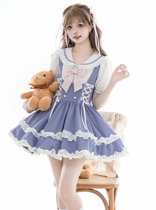 Summer Sea Salt Series College Navy Collar Ruffle Puff Sleeve Blue White Bunny Ears Ribbon Bowknot School Lolita Dress