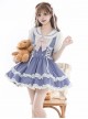 Summer Sea Salt Series College Navy Collar Ruffle Puff Sleeve Blue White Bunny Ears Ribbon Bowknot School Lolita Dress