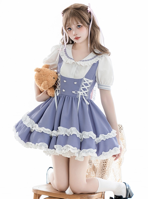 Summer Sea Salt Series College Navy Collar Ruffle Puff Sleeve Blue White Bunny Ears Ribbon Bowknot School Lolita Dress