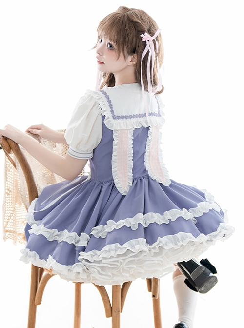 Summer Sea Salt Series College Navy Collar Ruffle Puff Sleeve Blue White Bunny Ears Ribbon Bowknot School Lolita Dress