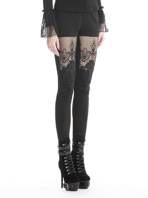 Gothic Style Retro Victoria Sexy Flower Embroidered Lace Stitching Hollow Elegant Black Tight Trousers