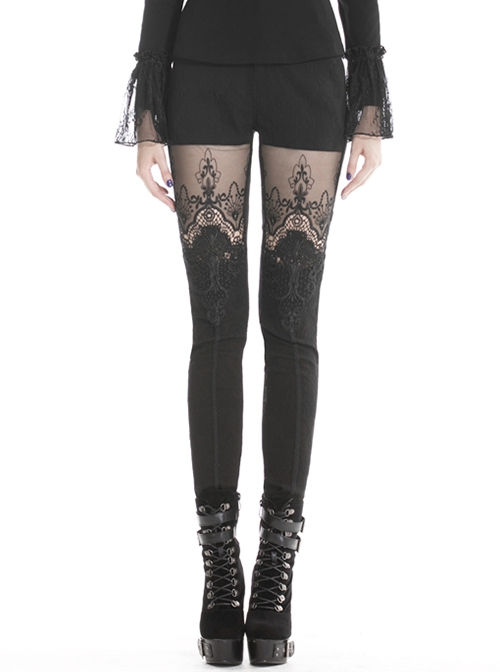 Gothic Style Retro Victoria Sexy Flower Embroidered Lace Stitching Hollow Elegant Black Tight Trousers