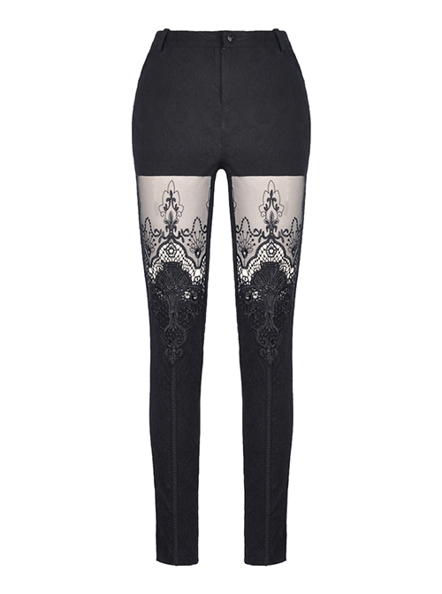 Gothic Style Retro Victoria Sexy Flower Embroidered Lace Stitching Hollow Elegant Black Tight Trousers