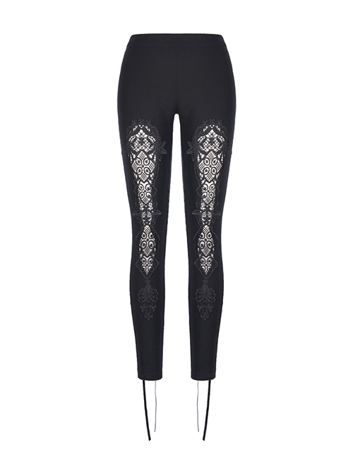 Gothic Style Retro Exquisite Floral Lace Hollow Cross Ribbon Straps Elegant Black Tight Leggings