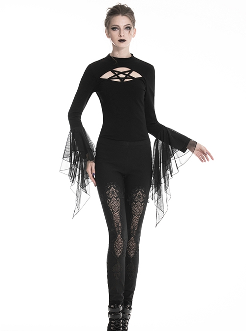 Gothic Style Retro Exquisite Floral Lace Hollow Cross Ribbon Straps Elegant Black Tight Leggings