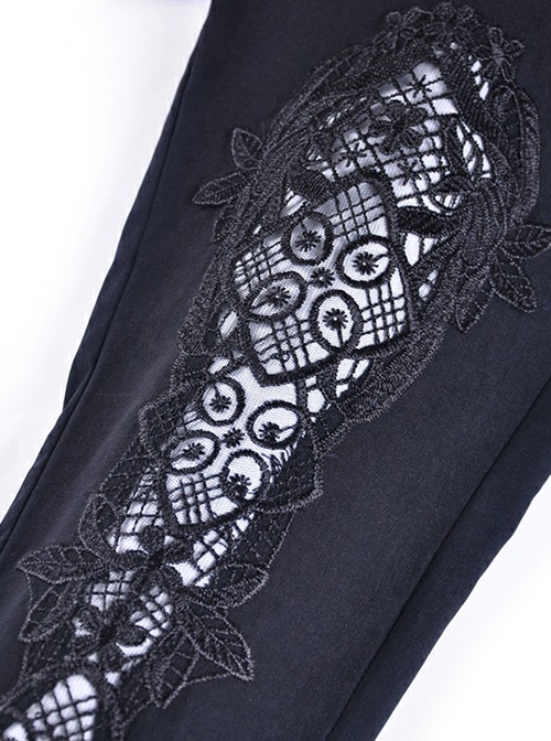 Gothic Style Retro Exquisite Floral Lace Hollow Cross Ribbon Straps Elegant Black Tight Leggings