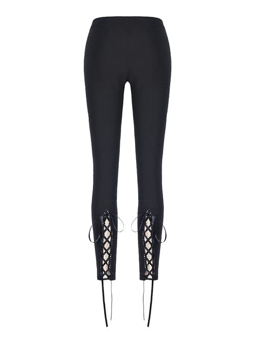 Gothic Style Retro Exquisite Floral Lace Hollow Cross Ribbon Straps Elegant Black Tight Leggings