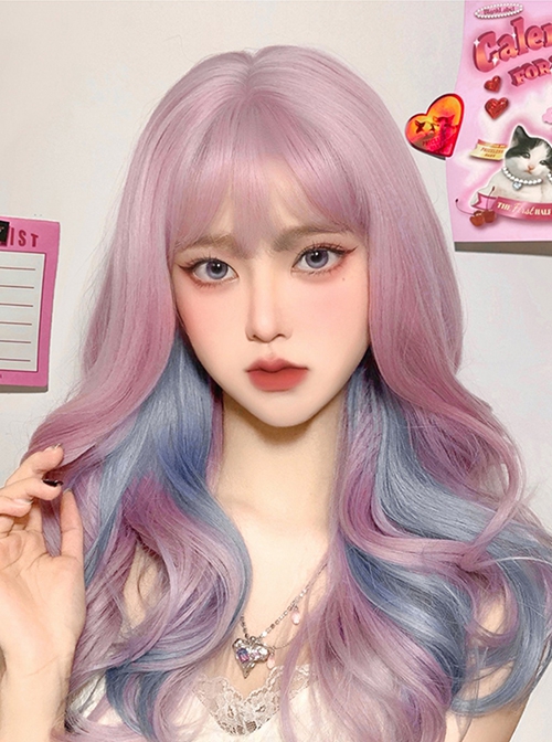 Idol Dreamy Girl Group Blue And Pink Hanging Ear Dyed Long Curly Hair Cute Sweet Lolita Full Head Wig