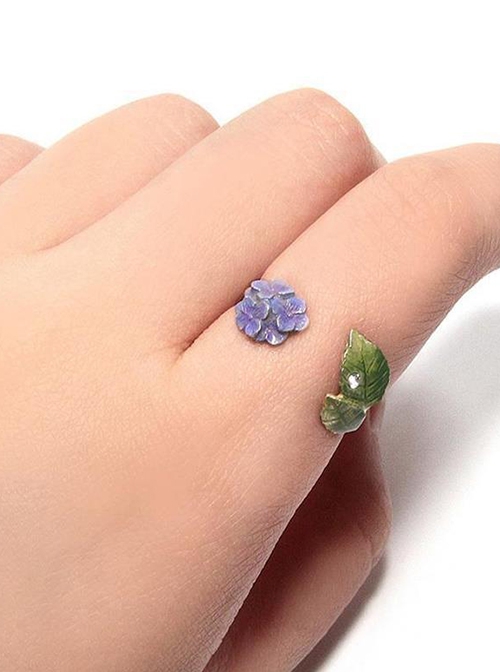 Hydrangea 3D Flowers Mori Small Fresh Literature Cute Lovely Half Open Small Flower Leaf Kawaii Fashion Ring