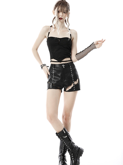 Punk Style Cool Metal Rivets Personalized Cross Decoration Sexy Thigh Hollow Black Leather Shorts