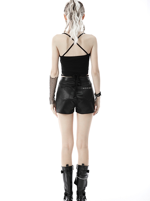 Punk Style Cool Metal Rivets Personalized Cross Decoration Sexy Thigh Hollow Black Leather Shorts