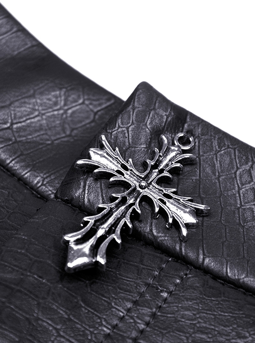 Punk Style Cool Metal Rivets Personalized Cross Decoration Sexy Thigh Hollow Black Leather Shorts