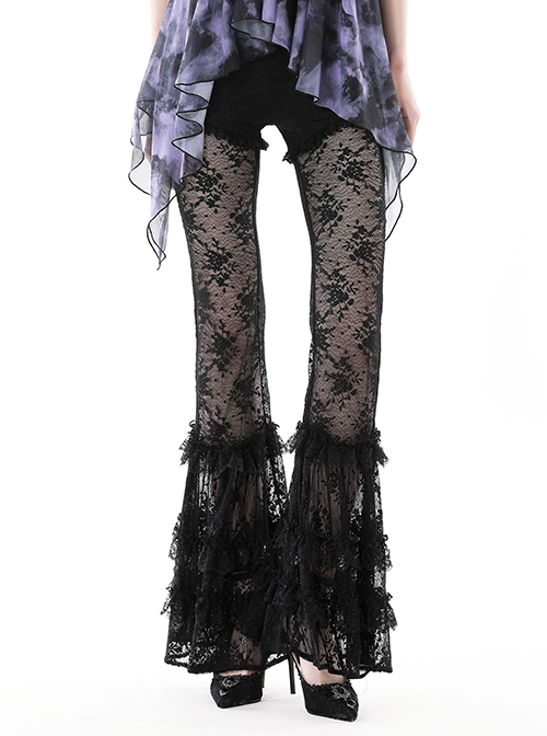 Gothic Style Gorgeous Multi Layered Lace Mesh Sexy See Through Elegant Black Elastic Slim Flared Pants