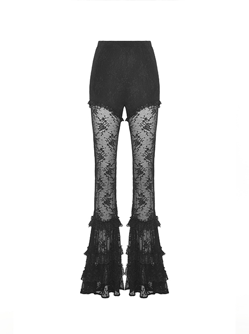 Gothic Style Gorgeous Multi Layered Lace Mesh Sexy See Through Elegant Black Elastic Slim Flared Pants