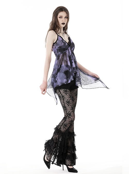 Gothic Style Gorgeous Multi Layered Lace Mesh Sexy See Through Elegant Black Elastic Slim Flared Pants
