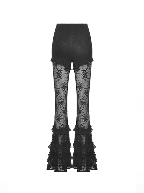 Gothic Style Gorgeous Multi Layered Lace Mesh Sexy See Through Elegant Black Elastic Slim Flared Pants