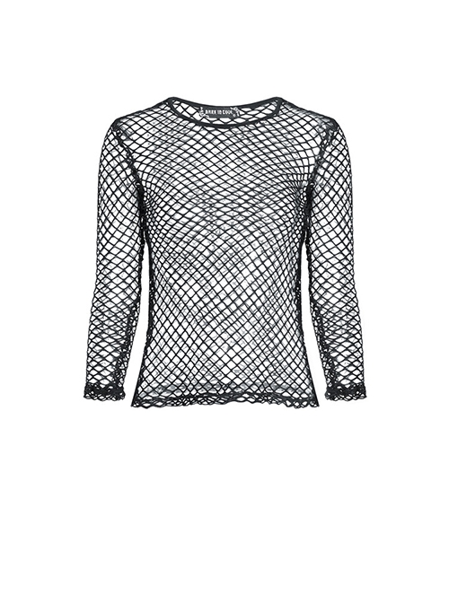 Punk Style Sexy See Through Personalized Fishnet Mesh Black Round Neck Long Sleeves Slim T Shirt