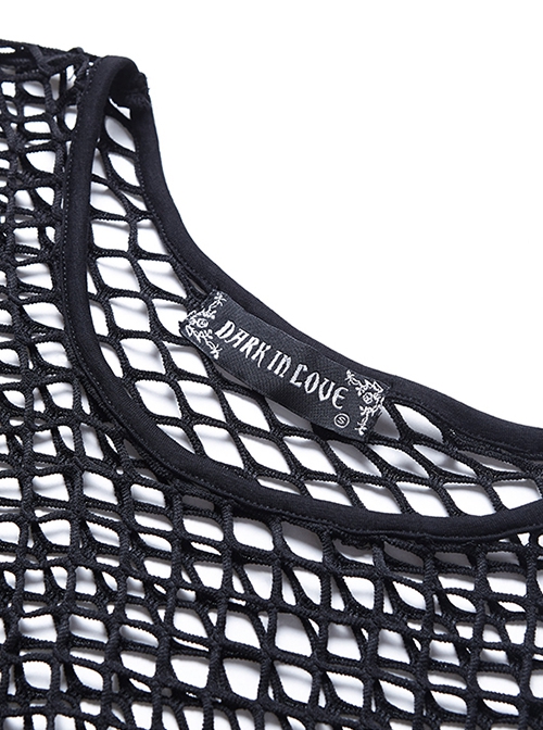 Punk Style Sexy See Through Personalized Fishnet Mesh Black Round Neck Long Sleeves Slim T Shirt