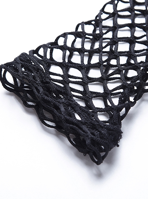 Punk Style Sexy See Through Personalized Fishnet Mesh Black Round Neck Long Sleeves Slim T Shirt